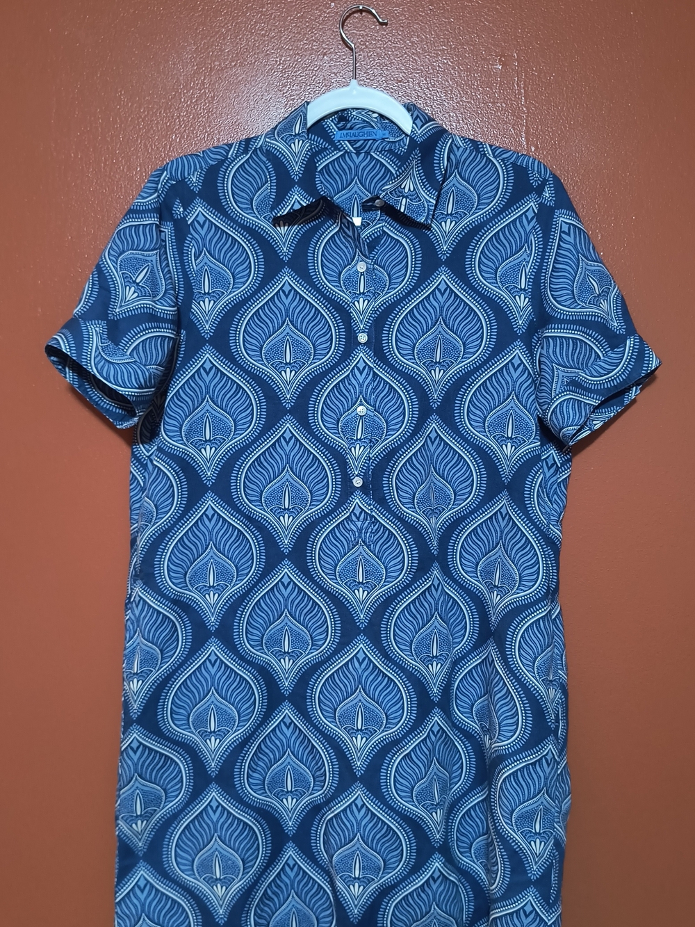 J. McLaughlin Blue Patterned Short-Sleeve Shirt dress